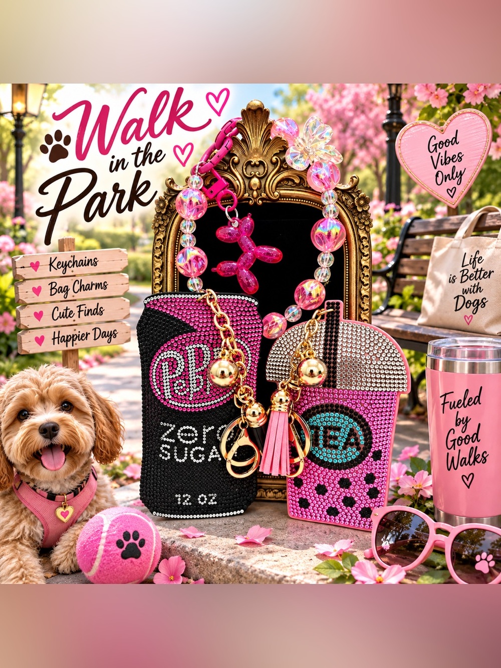 Walk in the park, beverage and dog keychain bag charms set